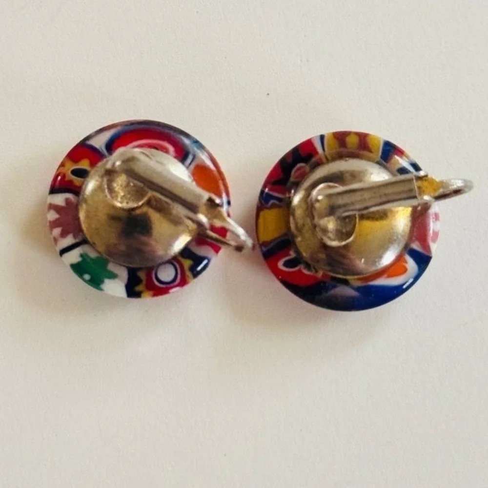 VTG Italy Round Earrings Button Glass Venetian Murano colorful Floral Millefiori